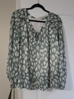 By Together Sage Green and White Animal-Print Tie-Neck Blouse